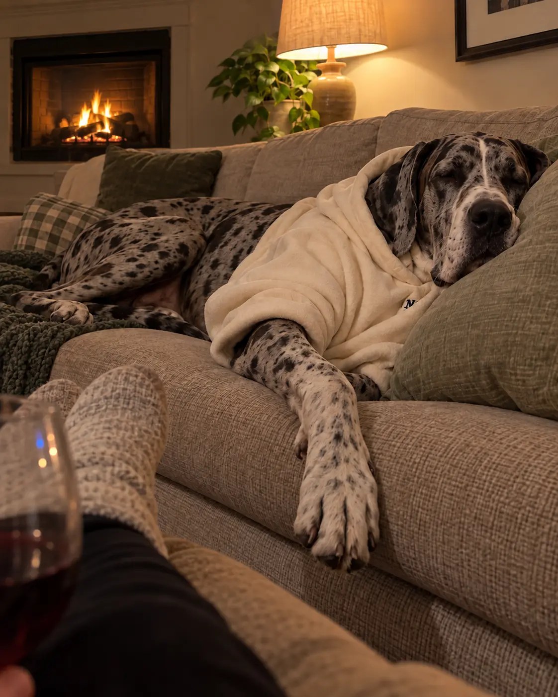 Dog by the fireplace