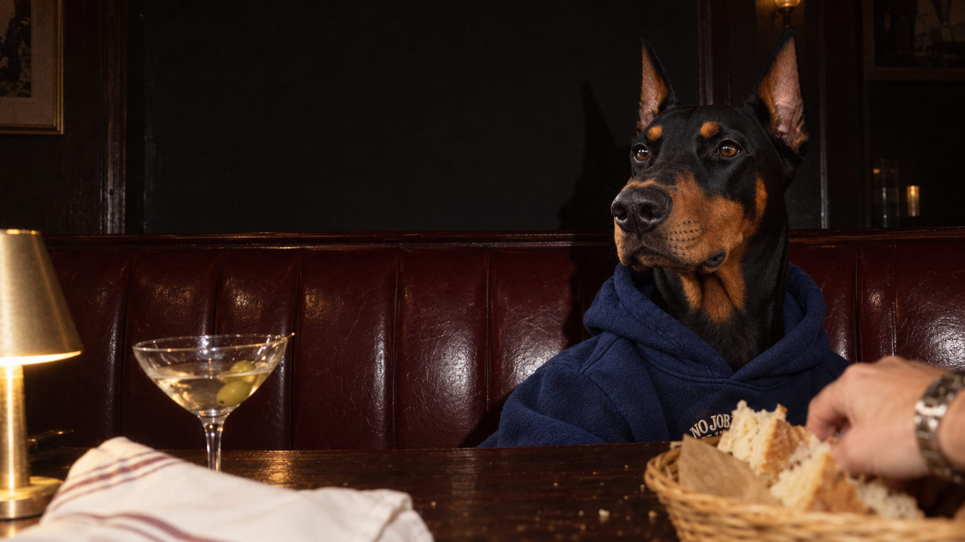 Duke at dinner, in the navy hoodie