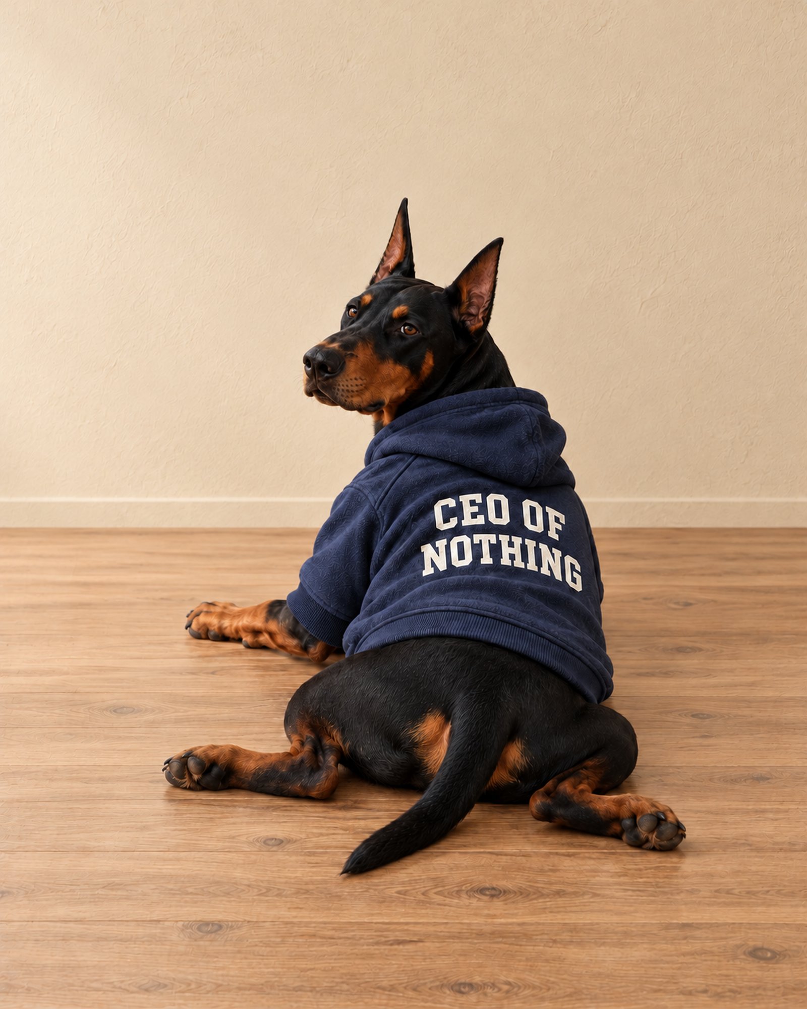 Duke wearing the navy hoodie